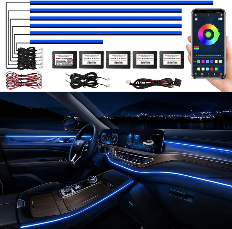 Amki شريط إضاءة LED داخلي للسيارة من الأكريليك مع تطبيق لاسلكي، RGB 6 في 1 وطول 175 بوصة و593 LED، مجموعة إضاءة محيطية للسيارة مع وظيفة نشطة للصوت ومزامنة الموسيقى لشريط LED لملحقات السيارة - Image 1